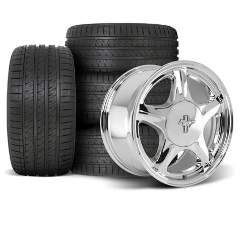 1979-93 Mustang Staggered Pony Wheel & Tire Kit - 17x8/10 - Chrome Sumitomo HTR Z5