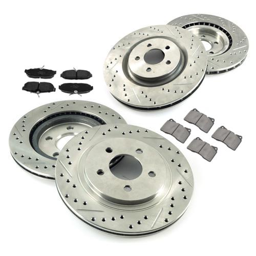 2007-2014 Mustang StopTech Rotor & Hawk Pad Kit - Drilled & Slotted - 14" Front & 11.81" Rear GT/GT500/Boss 302