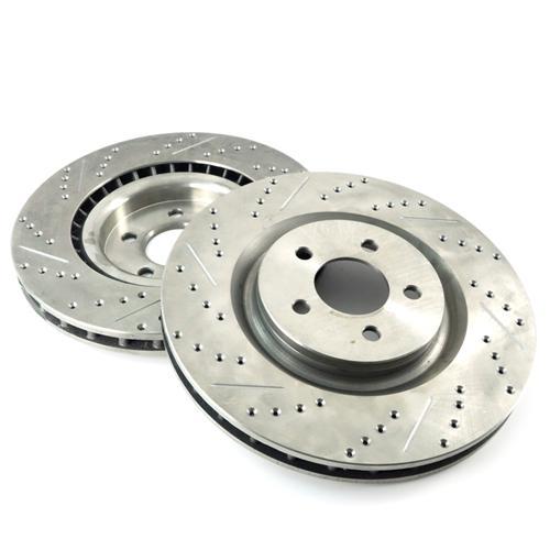 2007-2014 Mustang StopTech Rotor & Hawk Pad Kit - Drilled & Slotted - 14" Front & 11.81" Rear GT/GT500/Boss 302