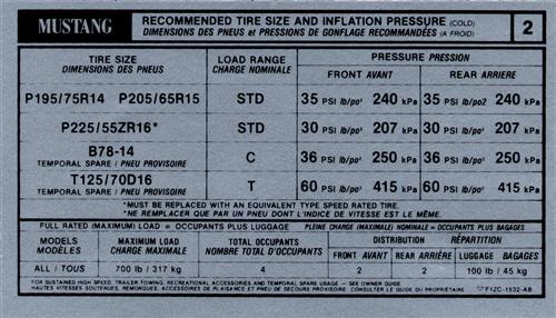 1988 FORD MUSTANG DOOR TIRE PRESSURE DECAL GT LX