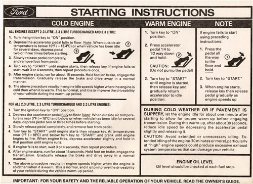 1979-80 Mustang Starting Instructions Sun Visor Sleeve