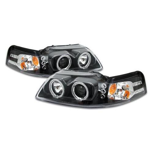 1999-2004 FORD MUSTANG BLACK HALO PROJECTOR HEADLIGHTS+DRIVING FOG LAMP NEW PAIR 